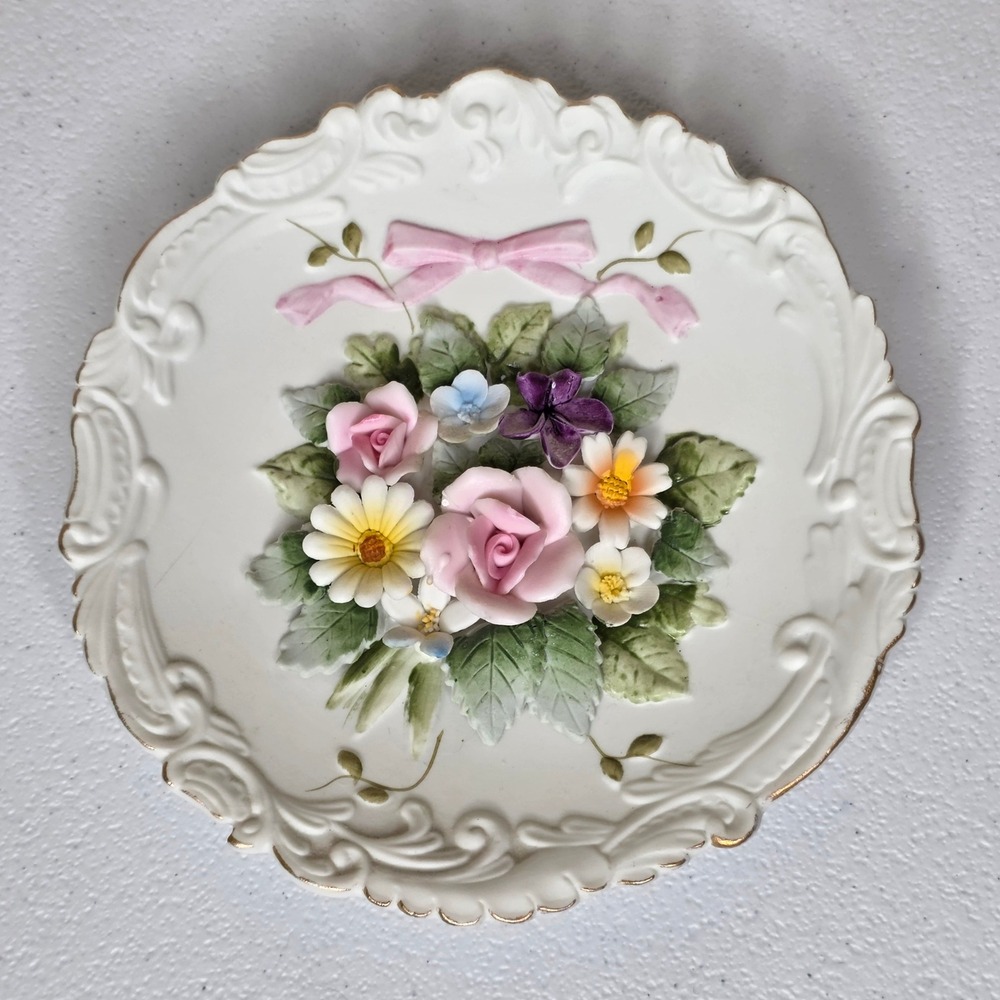 Lefton Wall Plate Decor White Pink 3D Floral Bow Gold Trim KW4743 Japan